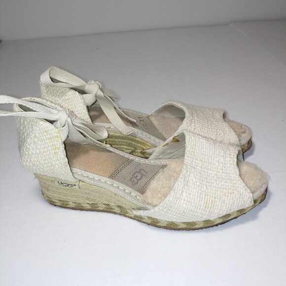 - UGG Delmar TIe Up Peep Toe Espadrille Wedge Sandals Size 6 Oatmeal - Picture 1 of 11